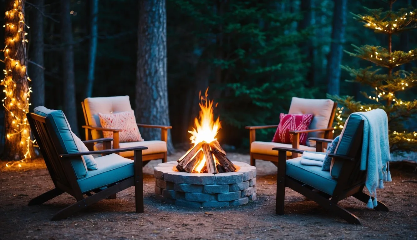 A glowing campfire surrounded by comfortable chairs and soft blankets, nestled among tall trees and twinkling fairy lights