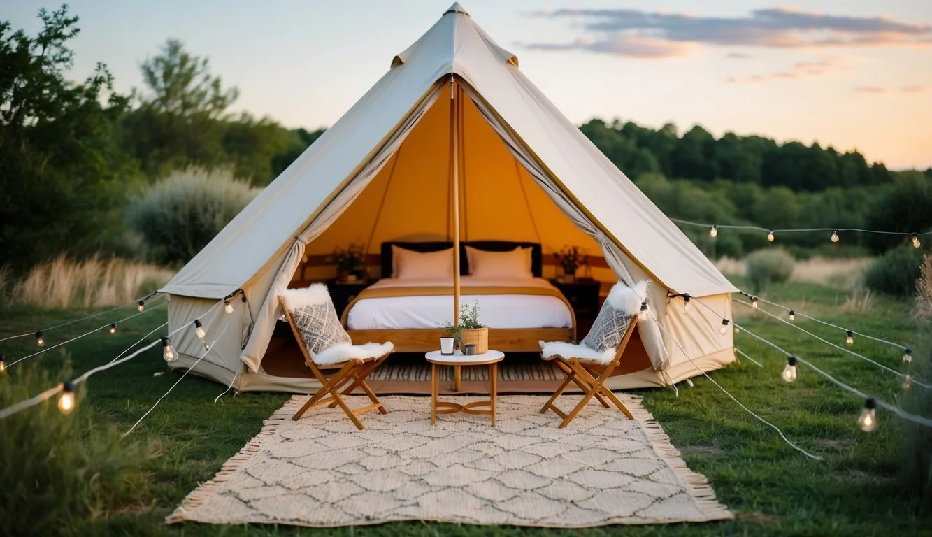 A cozy glamping site with a tent, outdoor furniture, and string lights, surrounded by nature