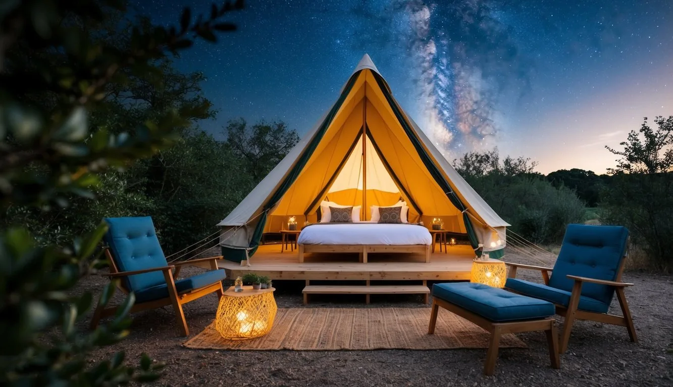 A cozy glamping site with stylish furniture, surrounded by nature and under a starry sky