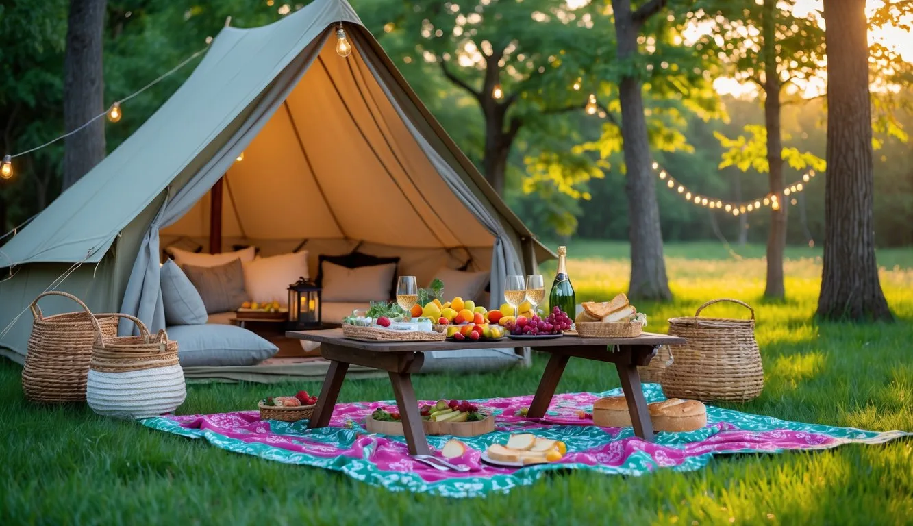 A cozy glamping picnic setup with a canvas tent, picnic table with food, cushions, and lanterns in a green meadow surrounded by trees.