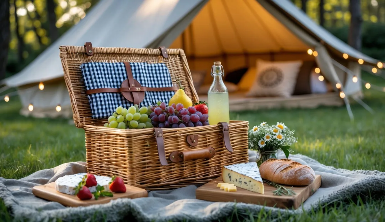 A vintage wicker picnic basket being packed outdoors with food and flowers on a blanket near a glamping tent.