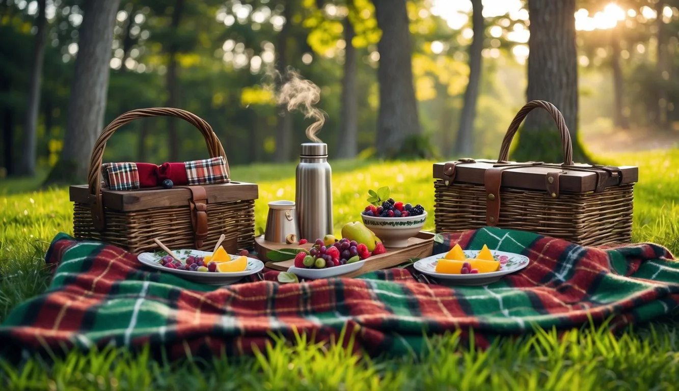 Outdoor picnic setup with a tartan fleece blanket, picnic baskets, food, and trees in the background.