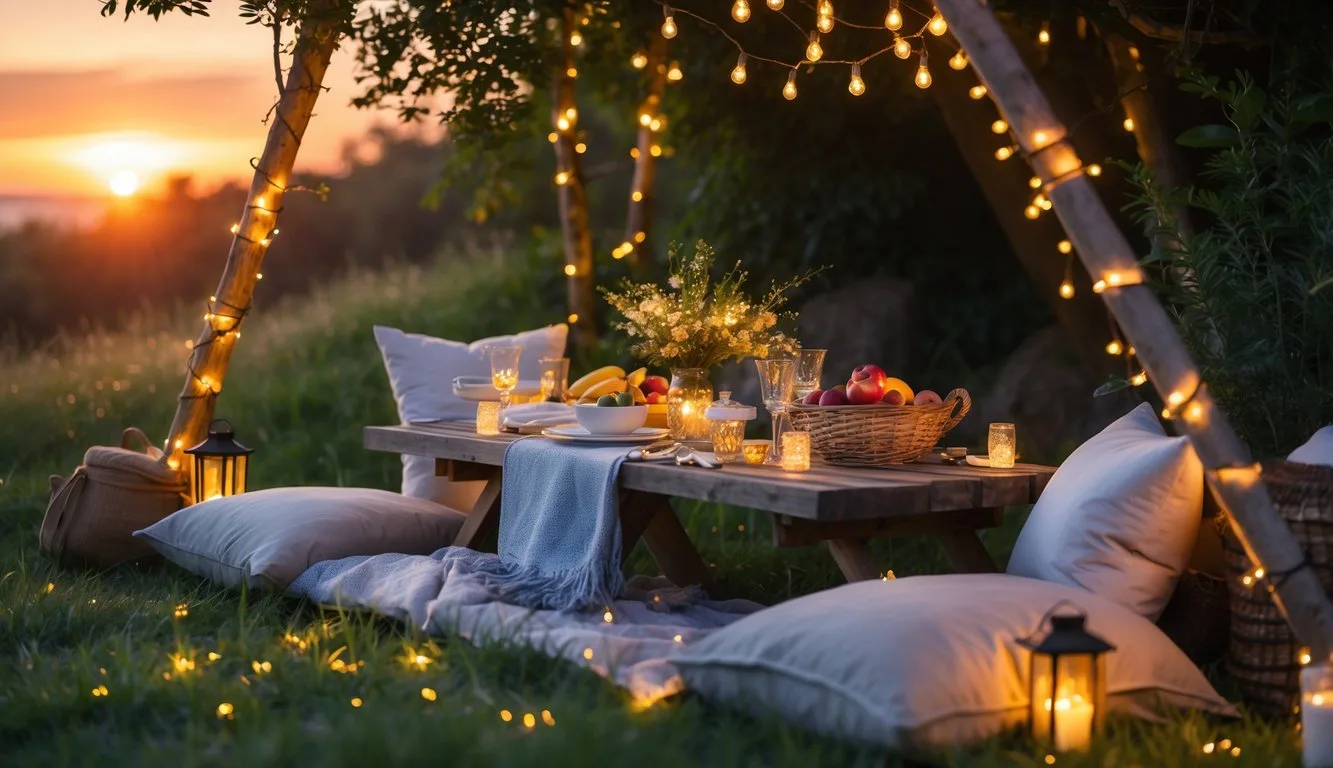 A picnic setup with fairy lights glowing at sunset in a natural outdoor setting surrounded by greenery.