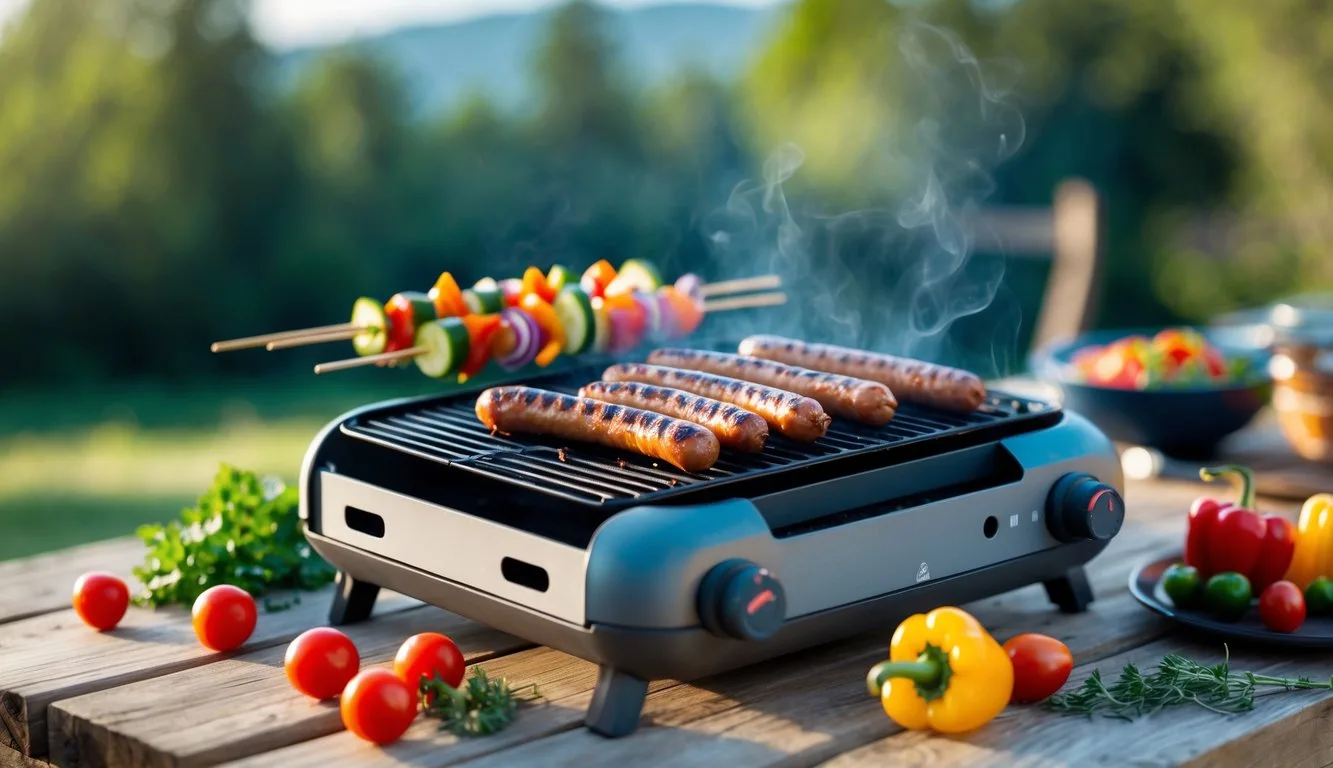 A portable mini grill cooking sausages and vegetable skewers outdoors on a wooden picnic table surrounded by nature.