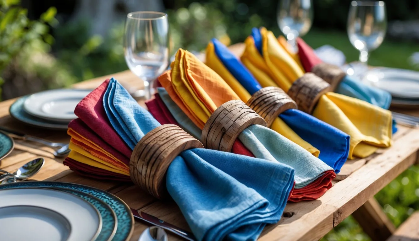 Outdoor picnic table with colorful cloth napkins held by rustic wooden napkin rings, surrounded by elegant tableware and greenery.