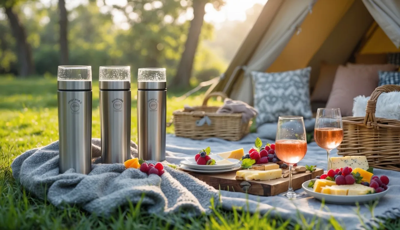 Outdoor picnic scene with insulated wine tumblers filled with rosé, surrounded by picnic snacks and a glamping tent in the background.
