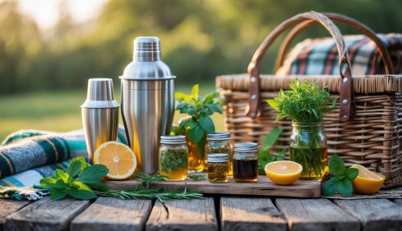 A picnic table outdoors with reusable cocktail shakers, bitters bottles, fresh herbs, and citrus fruits arranged for a glamping cocktail kit.