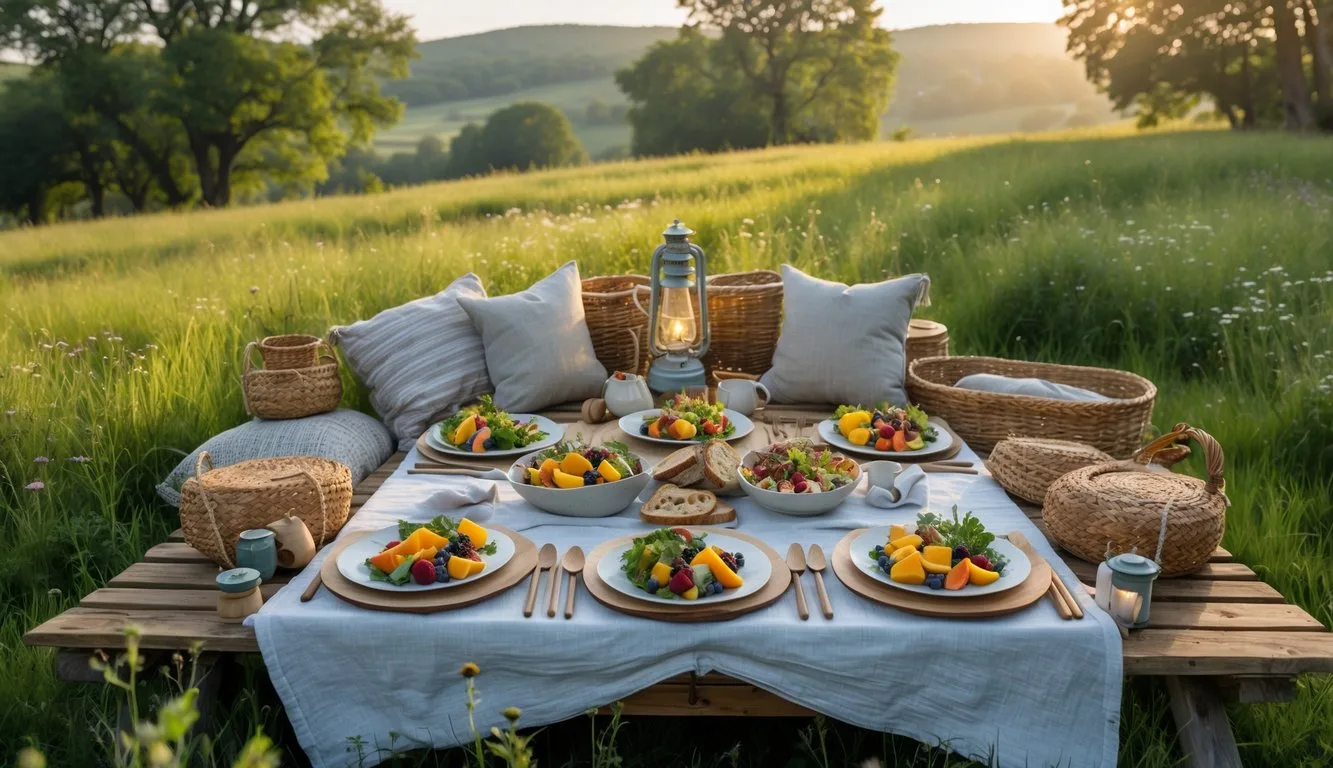 An outdoor picnic setup with biodegradable plates and cutlery on a wooden table in a green meadow surrounded by cushions, baskets, and natural scenery.