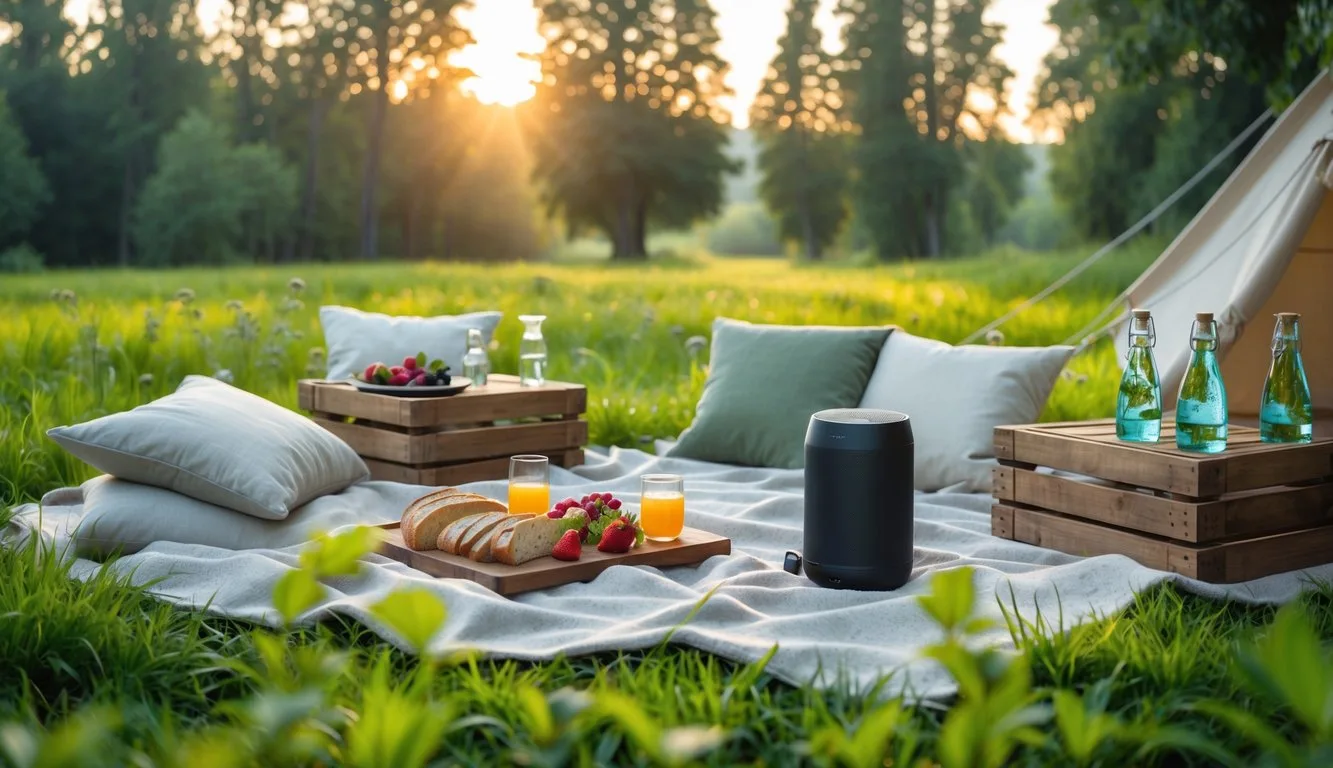 A cozy picnic setup with a blanket, cushions, picnic baskets, and a portable Bluetooth speaker in a grassy meadow surrounded by trees.