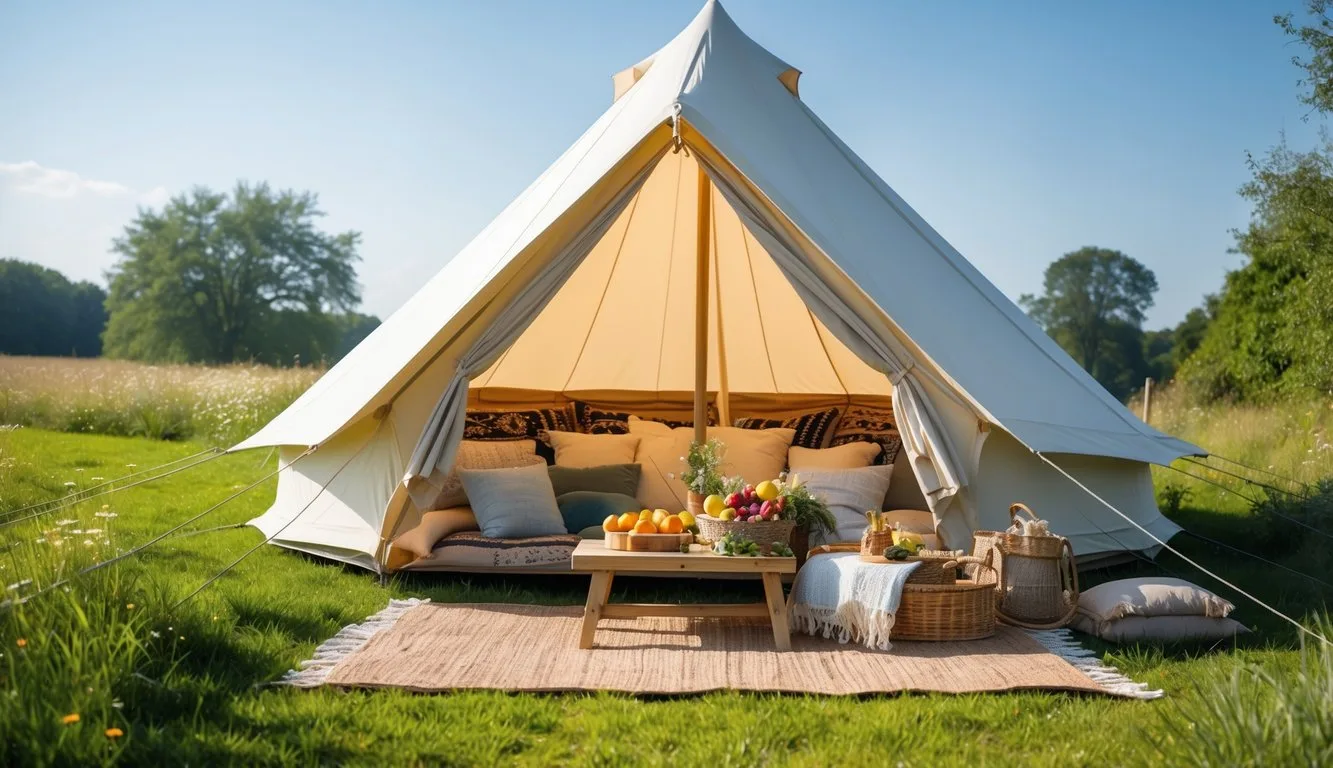 A pop-up bell tent set up outdoors with cushions, blankets, and a picnic spread on a wooden table surrounded by grass and trees.
