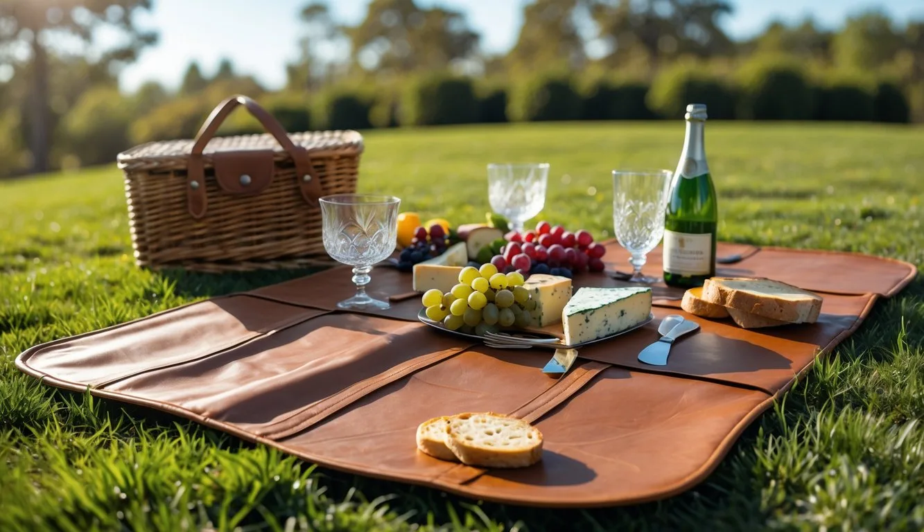 A rugged leather picnic mat laid out on grass with picnic basket, fresh fruits, bread, cheese, and drinks in an outdoor setting.