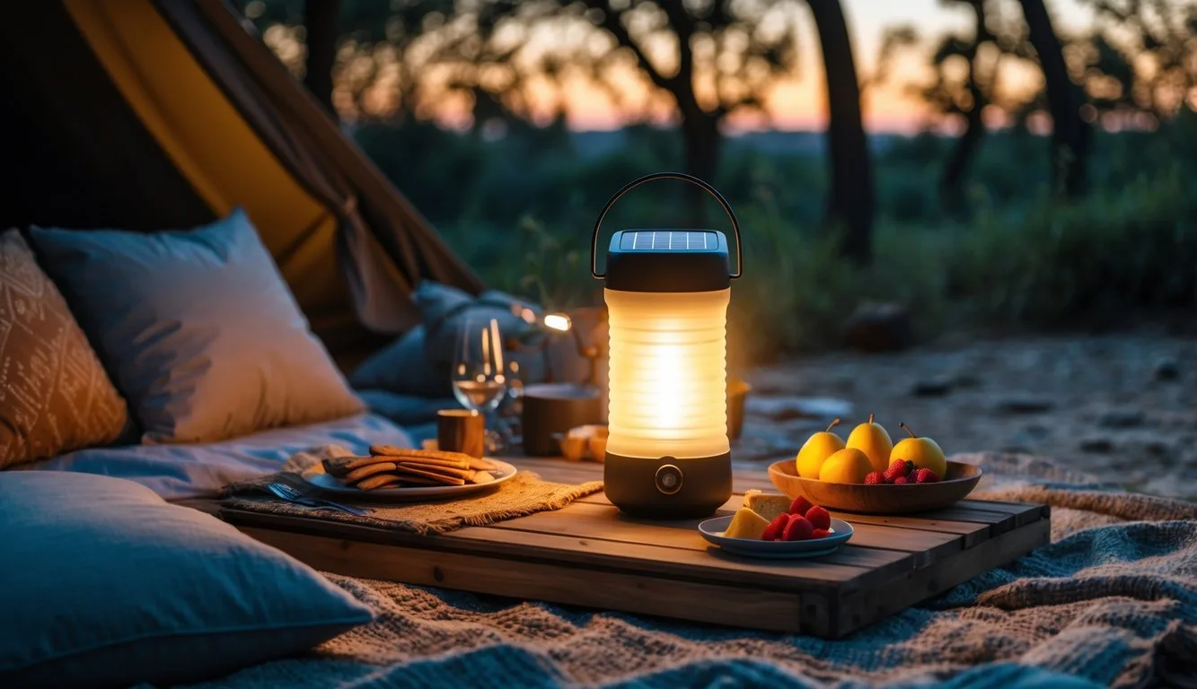 An outdoor picnic scene at dusk with a solar-powered lantern glowing on a table surrounded by cushions and snacks in a natural setting.