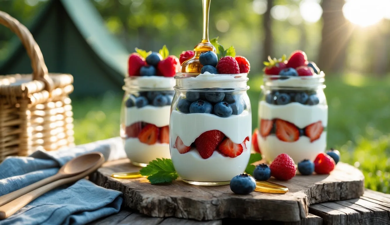 Mason jar parfaits with Greek yogurt, honey, and fresh berries arranged on a wooden picnic table outdoors.