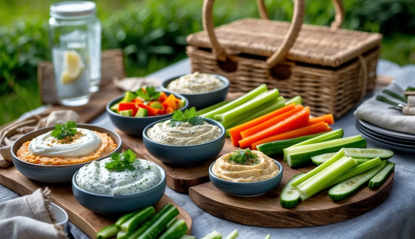A picnic table outdoors with bowls of tzatziki and hummus surrounded by colorful vegetable sticks and picnic items.