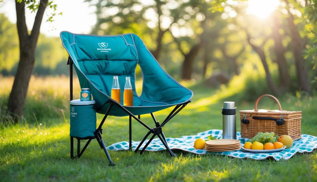 A foldable camping chair with a built-in cooler set up outdoors next to a picnic blanket with food and drinks.