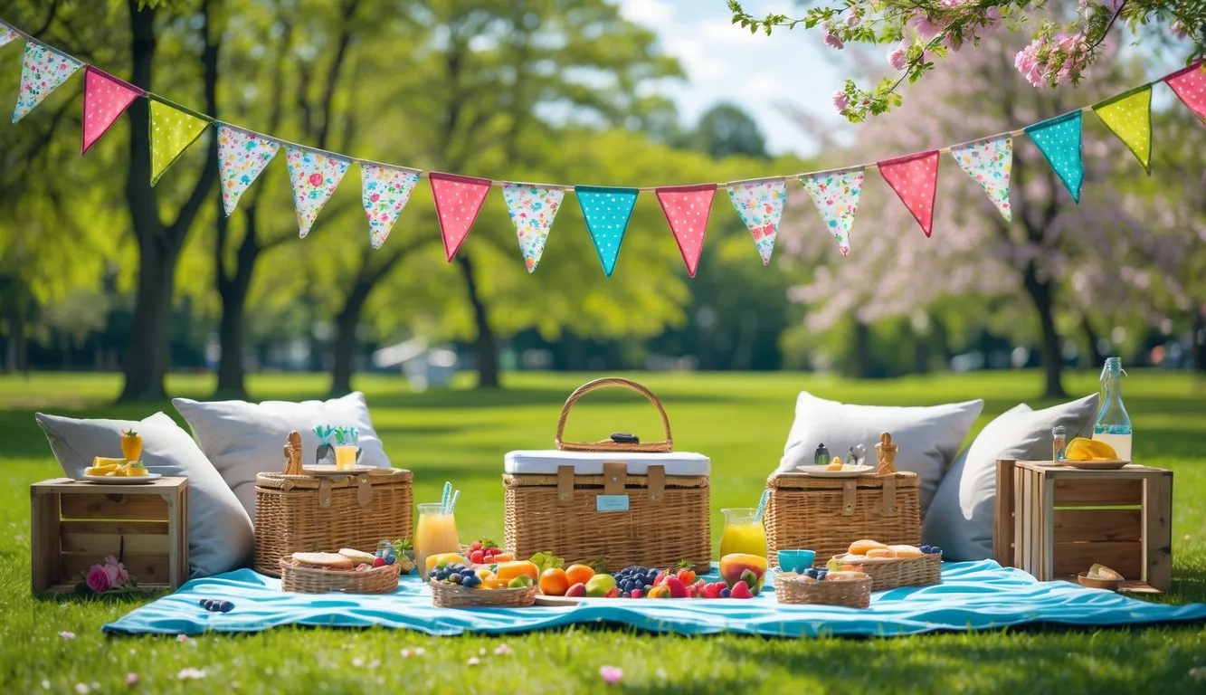 Outdoor picnic setup with colorful fabric bunting, picnic blanket, baskets, and food in a green park.