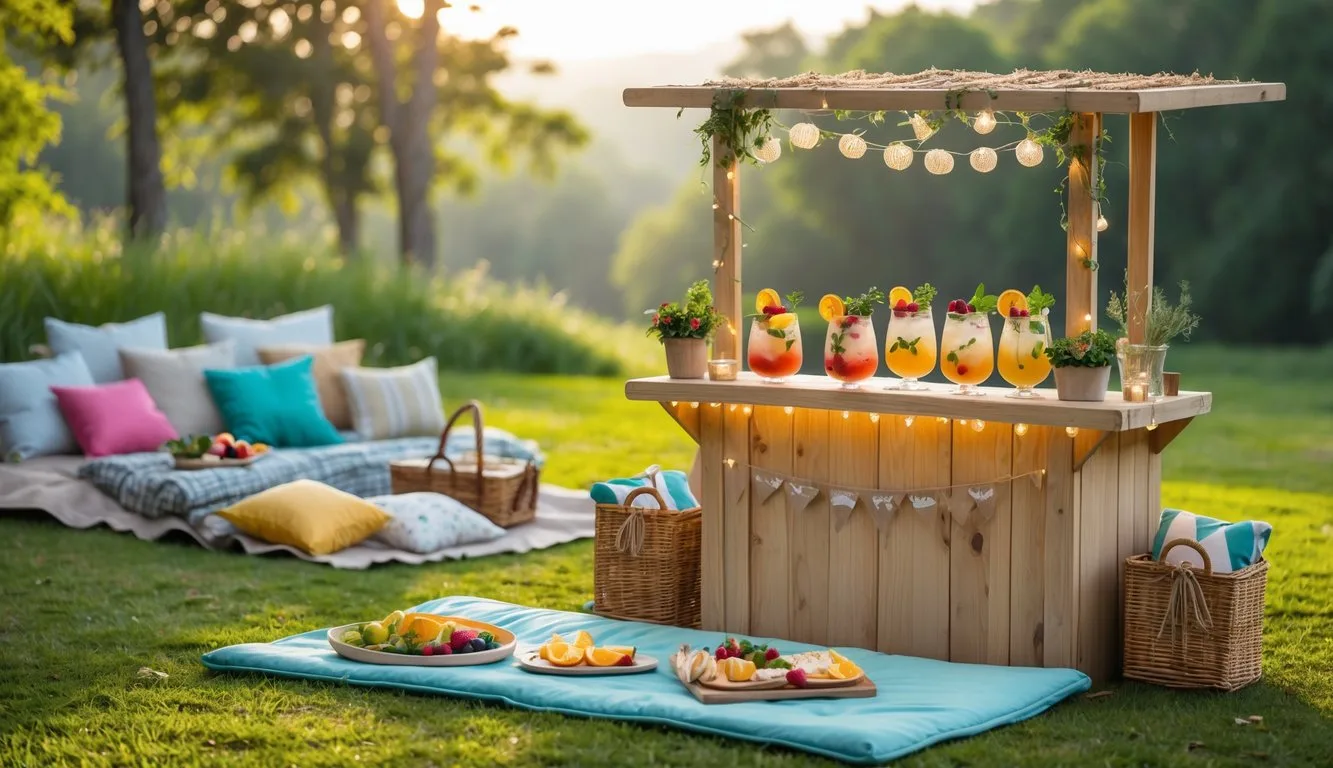 An outdoor glamping bar with custom cocktails and picnic blankets set up in a green park surrounded by trees.