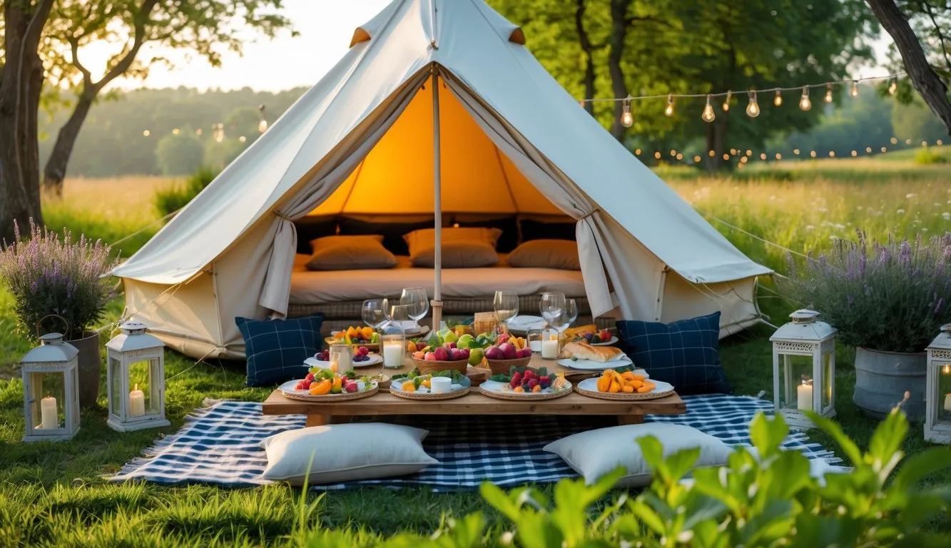 A glamping picnic setup with a canvas tent, wooden picnic table with food, cushions, lanterns, and greenery in a meadow.