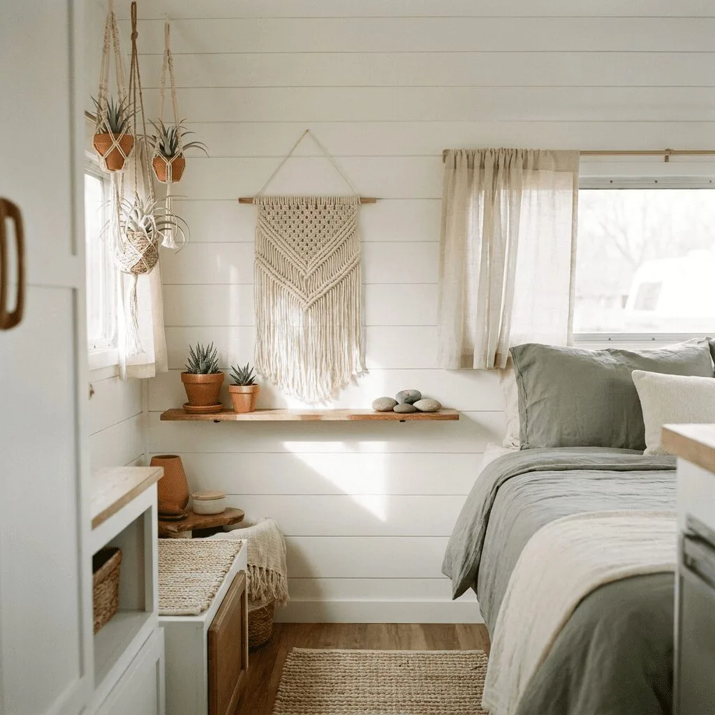 A beautifully styled small camper interior showcasing light, airy color choices and natural decor elements.