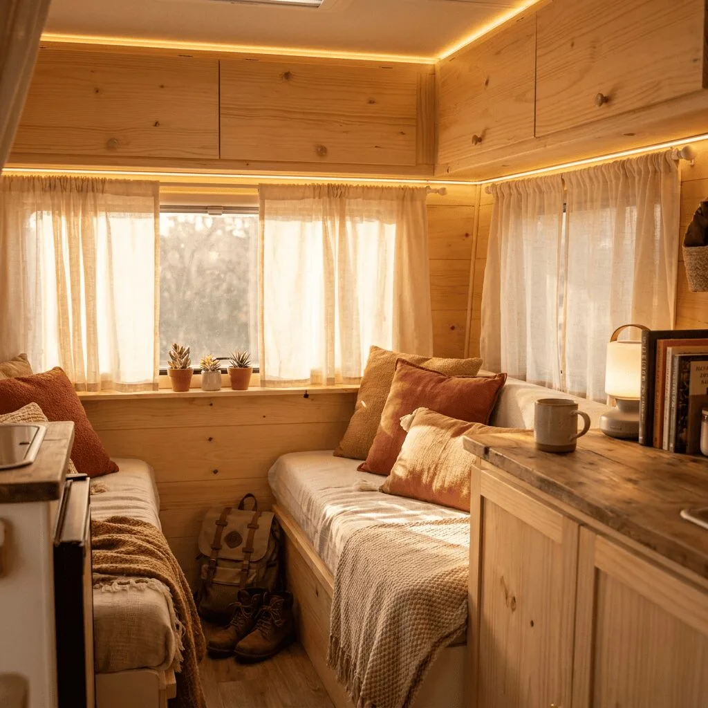 A warm and inviting small camper interior that feels like a cozy home on wheels.