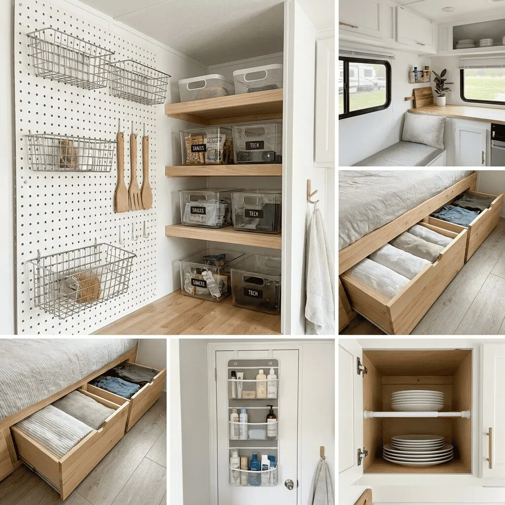 A highly organized small camper interior highlighting smart storage solutions.