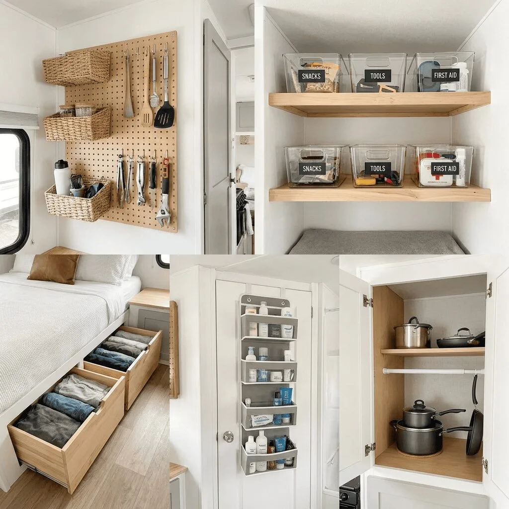 A highly organized small camper interior highlighting smart storage solutions.