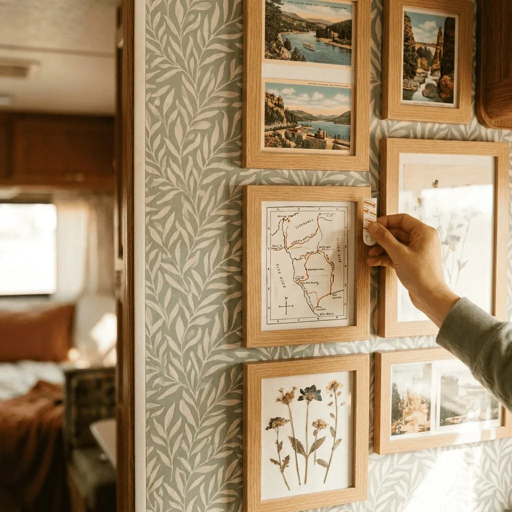 A close-up lifestyle shot of a small camper accent wall featuring peel-and-stick wallpaper in a subtle botanical leaf print in sage green and cream.
