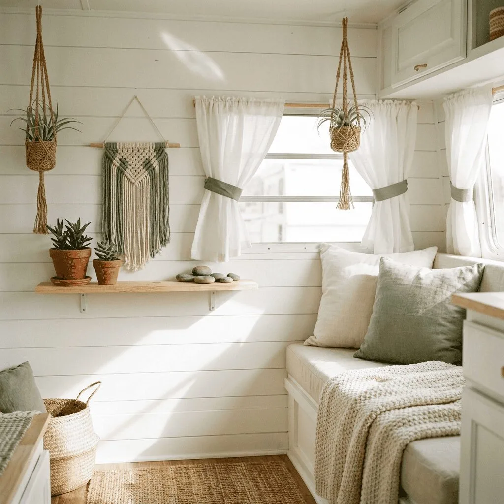 A beautifully styled small camper interior showcasing light, airy color choices and natural decor elements.