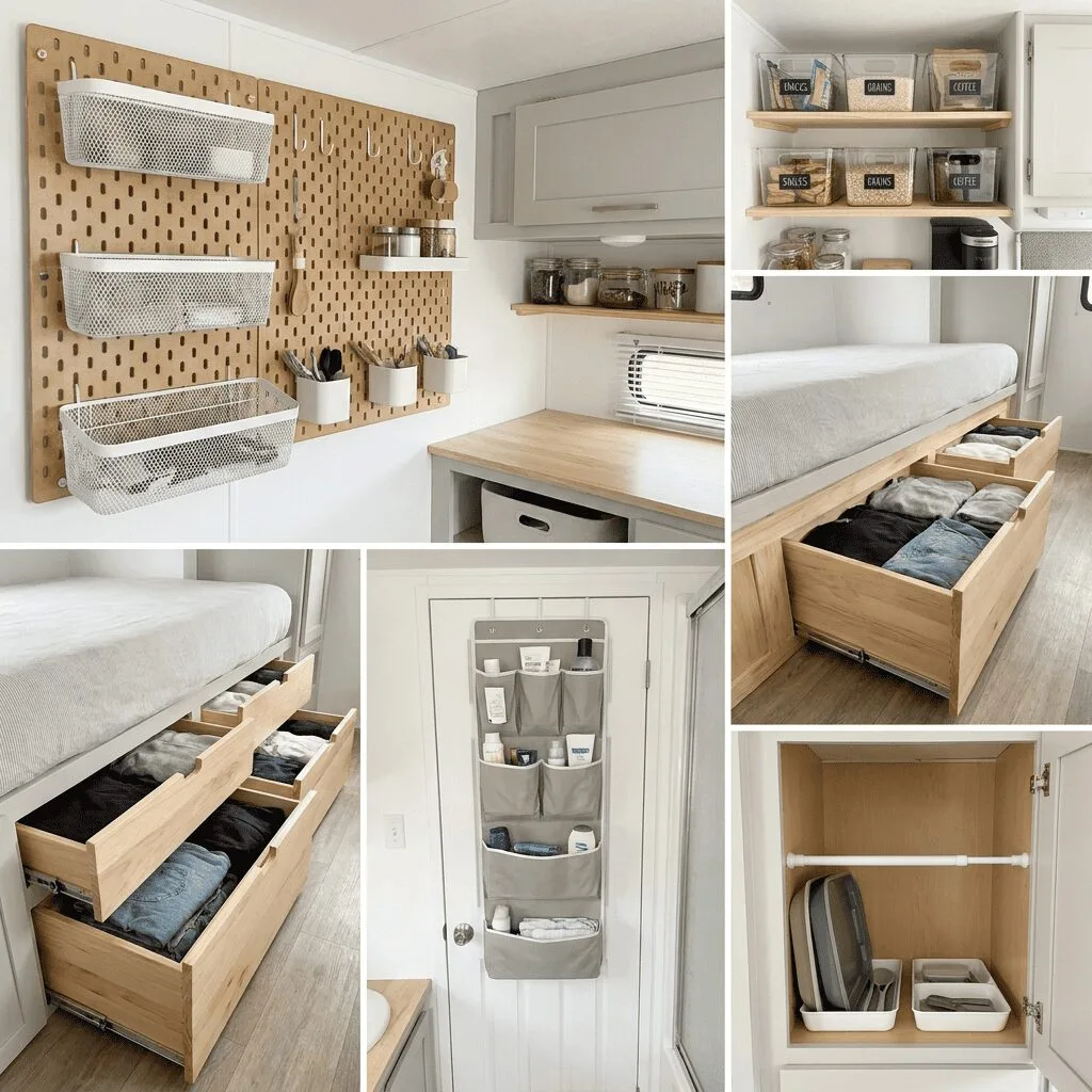 A highly organized small camper interior highlighting smart storage solutions.