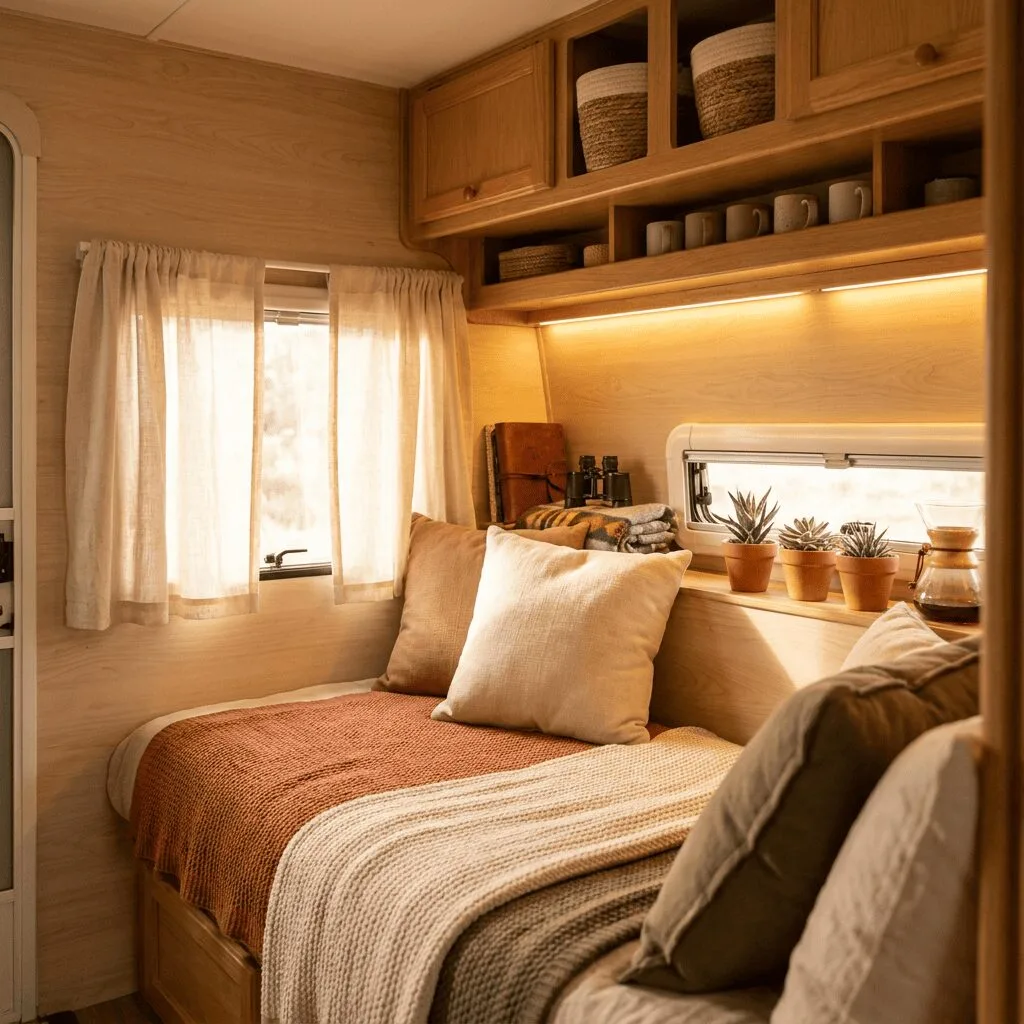 A warm and inviting small camper interior that feels like a cozy home on wheels.