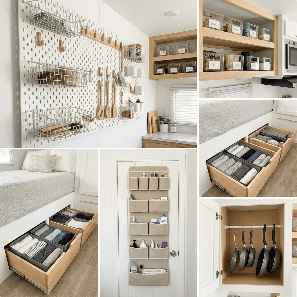 A highly organized small camper interior highlighting smart storage solutions.