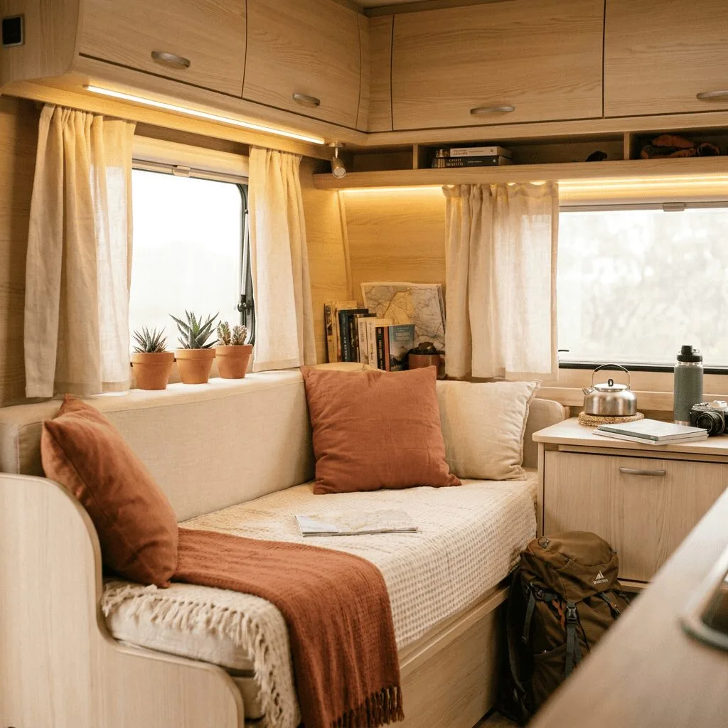 xA warm and inviting small camper interior that feels like a cozy home on wheels.