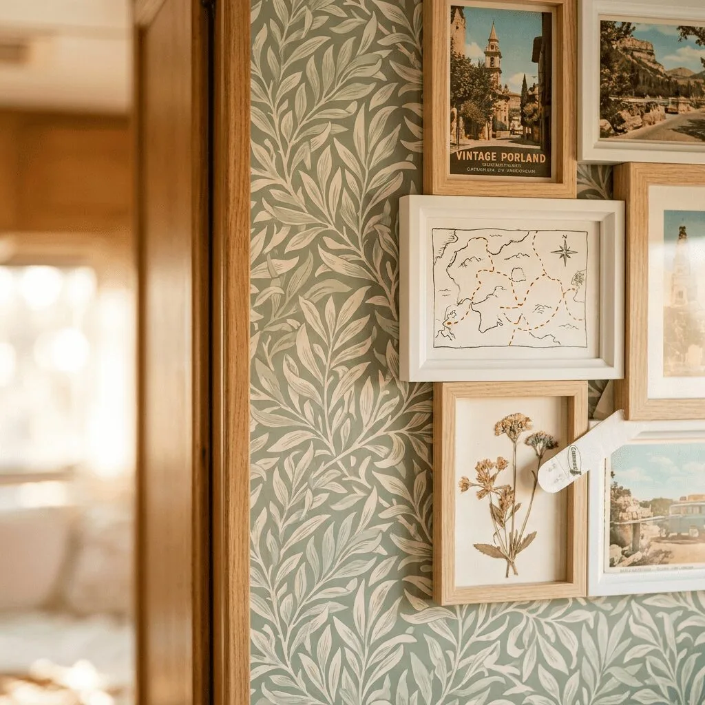 A close-up lifestyle shot of a small camper accent wall featuring peel-and-stick wallpaper in a subtle botanical leaf print in sage green and cream.