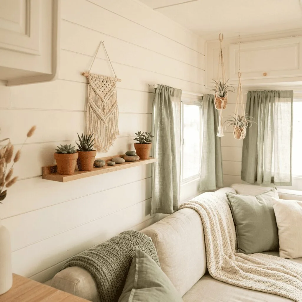 A beautifully styled small camper interior showcasing light, airy color choices and natural decor elements.
