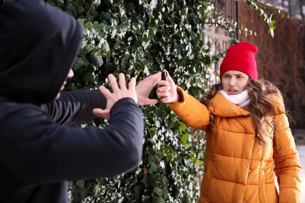 Woman pointing pepper spray at a man.