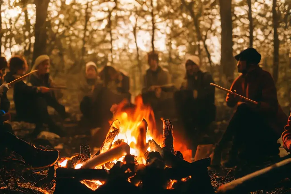 Group of friends in Halloween costimes sitting around a campfire.