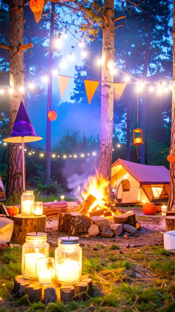 A cozy Halloween glamping campsite at night, glowing with warm orange and purple string lights hung on trees and shepherd’s hooks around a fire pit. There is a campfire surrounded by lanterns at different heights, LED candles in mason jars flickering on logs and tables. The forest background feels slightly spooky yet magical, with soft shadows and a festive Halloween atmosphere.
