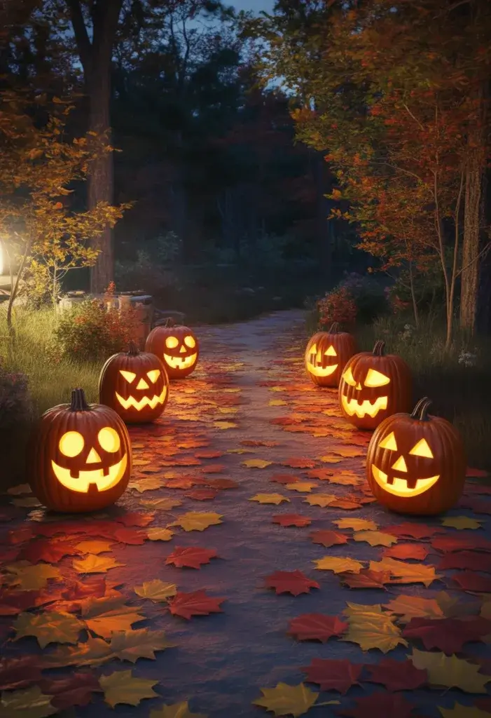 A nighttime campsite path lined with six glowing carved pumpkins featuring fun and spooky faces surrounded by autumn leaves and trees.