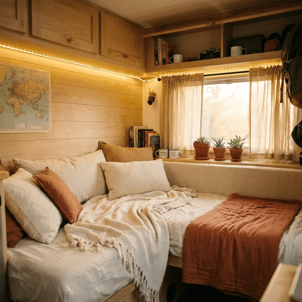 A warm and inviting small camper interior that feels like a cozy home on wheels.