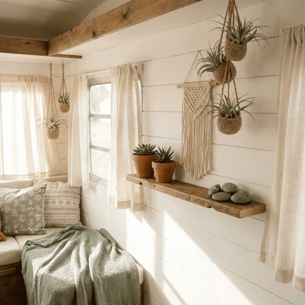 A beautifully styled small camper interior showcasing light, airy color choices and natural decor elements.