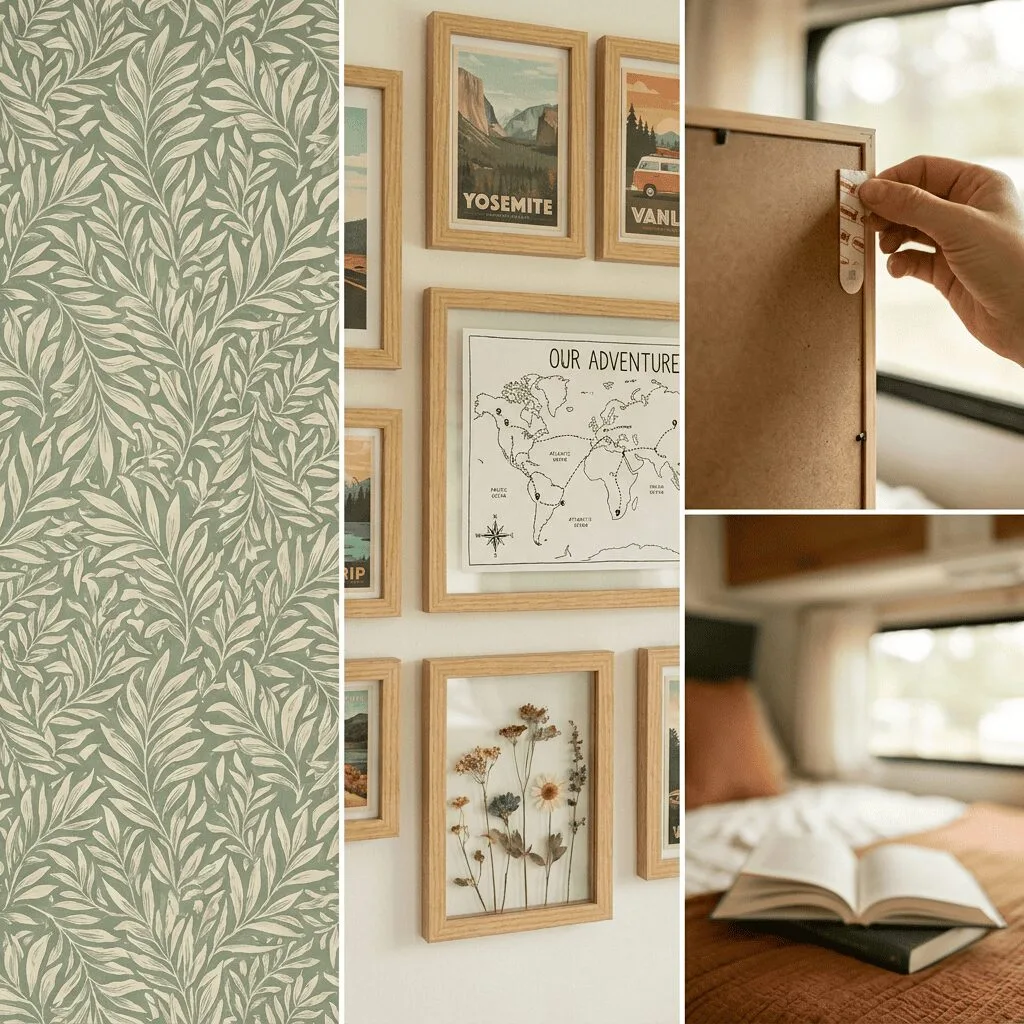 A close-up lifestyle shot of a small camper accent wall featuring peel-and-stick wallpaper in a subtle botanical leaf print in sage green and cream.
