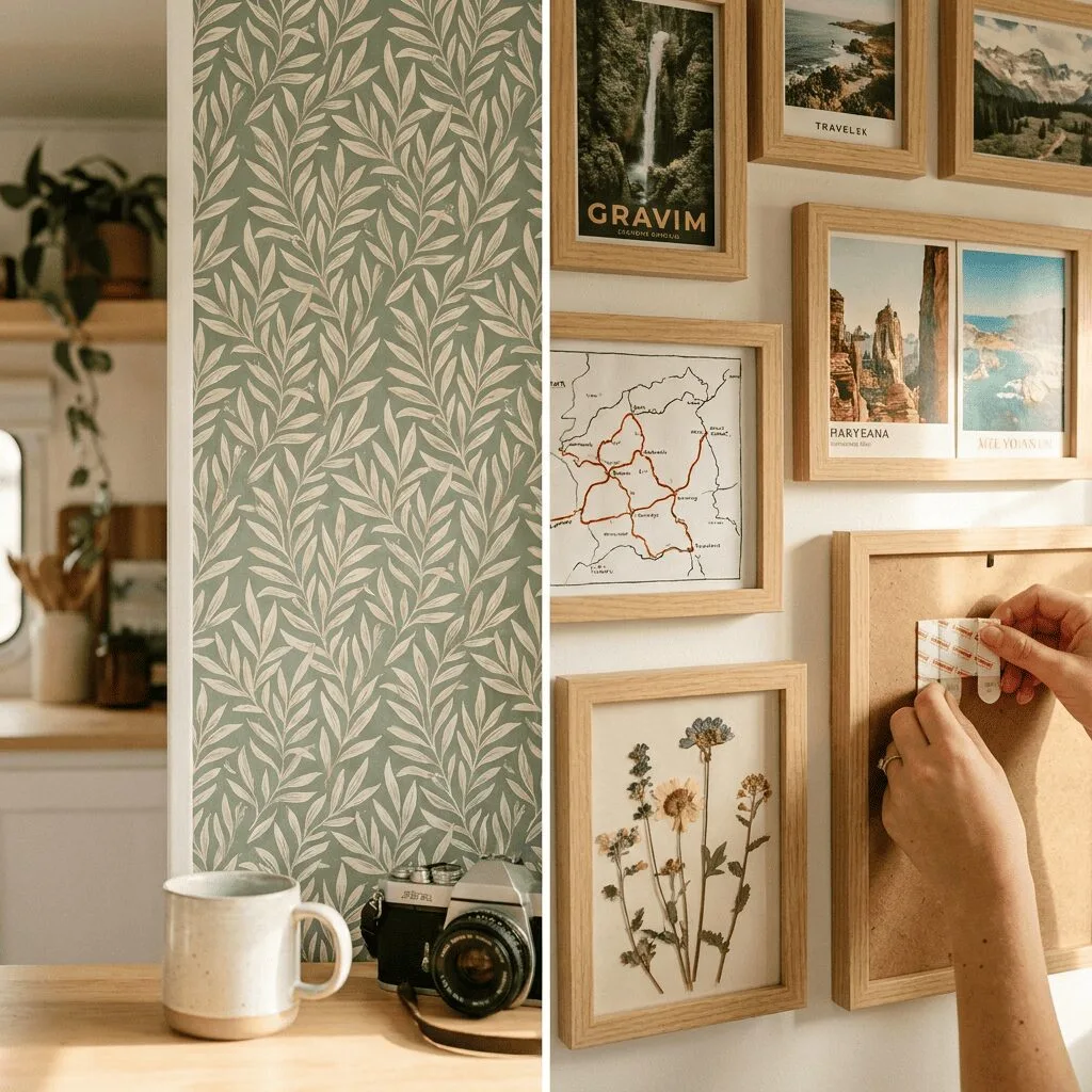A close-up lifestyle shot of a small camper accent wall featuring peel-and-stick wallpaper in a subtle botanical leaf print in sage green and cream.