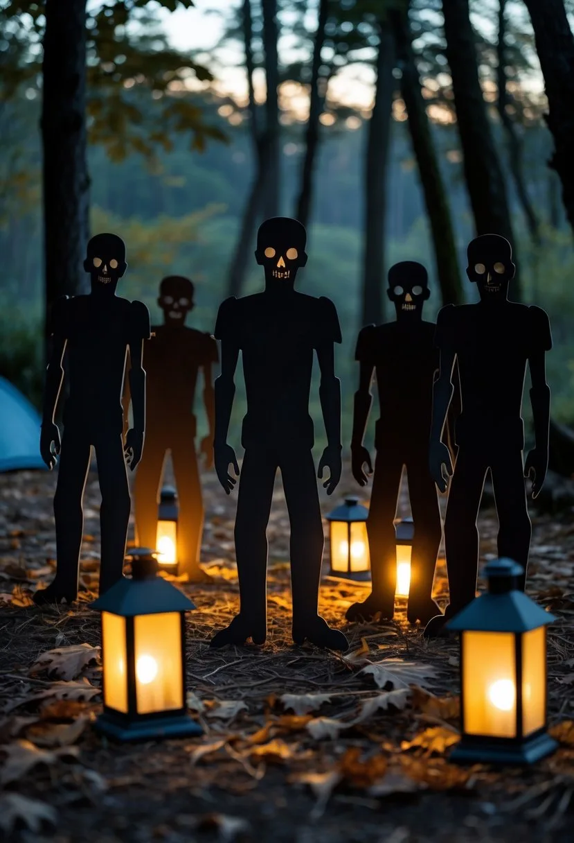 A campsite at dusk with black cardboard zombie silhouettes placed behind glowing lanterns among fallen leaves and trees.