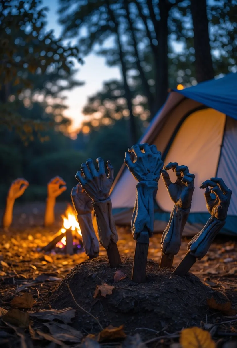 A campsite at dusk with fake zombie hands used as tent stakes gripping the ground around a pitched tent.