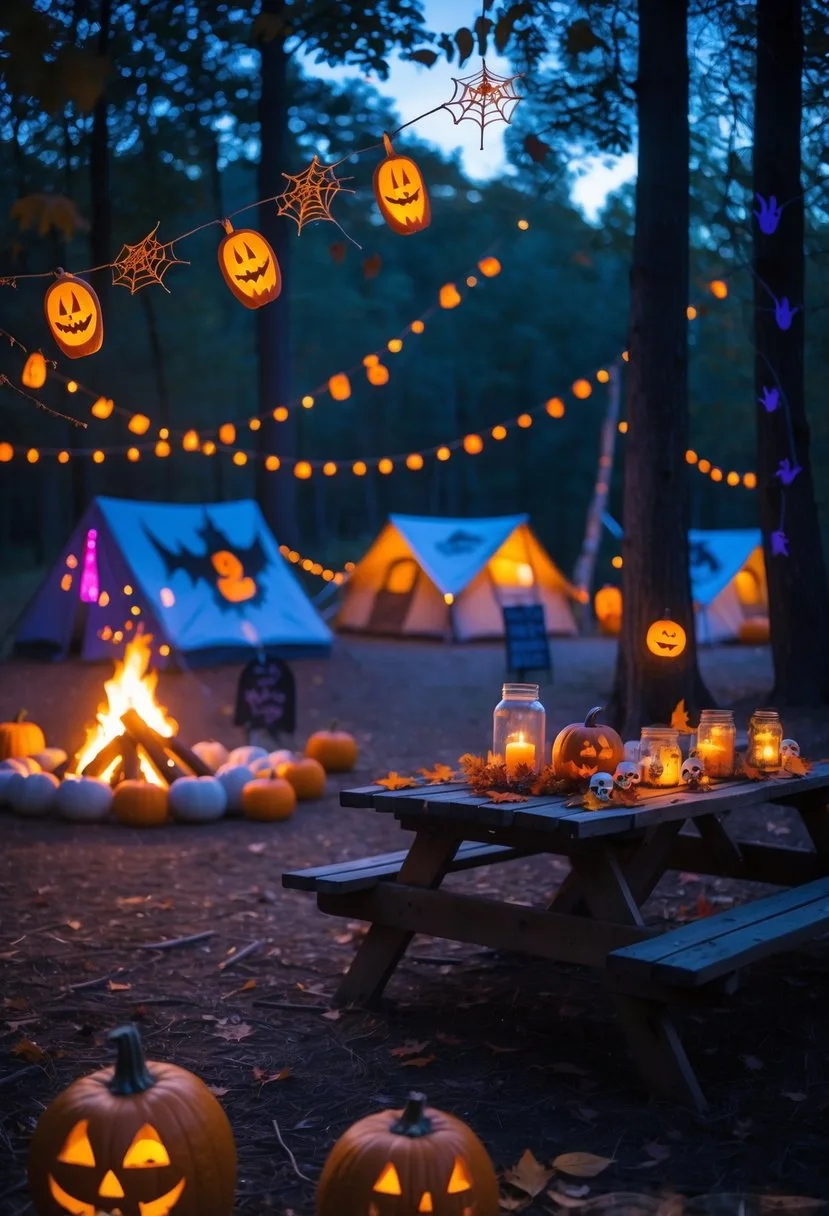 A campsite decorated with carved pumpkins, ghost lanterns, spider webs, string lights, and autumn decorations around a campfire in a forest clearing at twilight.