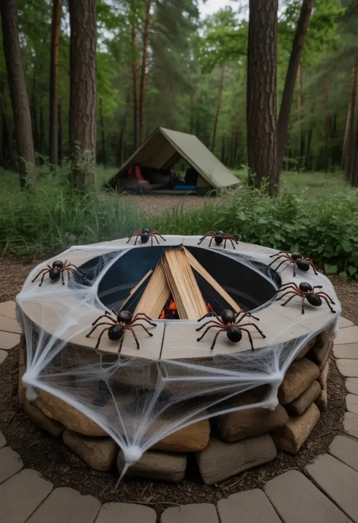 A campsite firepit decorated with fake spider webs and plastic tarantulas around its edges, surrounded by trees and a tent in the background.