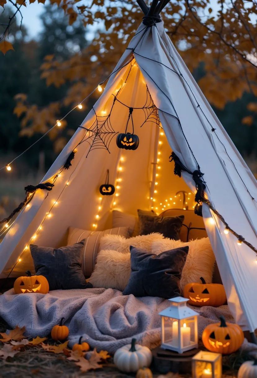 A teepee tent decorated with spider webs and fairy lights, with pumpkin pillows inside, set up outdoors for a Halloween glamping party.