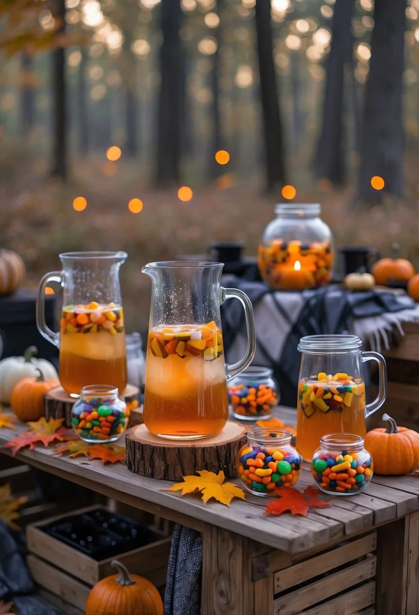 A Halloween-themed outdoor drink bar with pitchers of cider and sparkling water, surrounded by bowls of gummy candy garnishes, set on a rustic wooden table with autumn decorations.