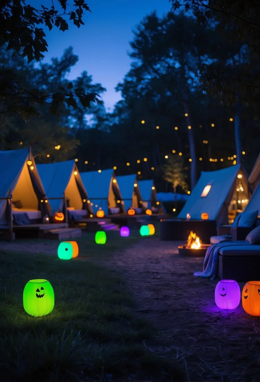 A nighttime glamping campsite decorated for Halloween with small glowing LED lanterns hidden around tents and trees, creating a festive and colorful atmosphere.