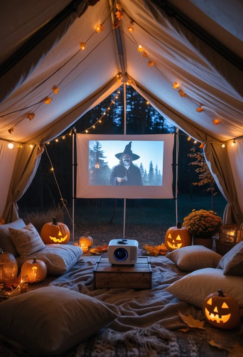A cozy outdoor tent with a movie projector showing a Halloween movie on a screen surrounded by pumpkins and fall decorations.